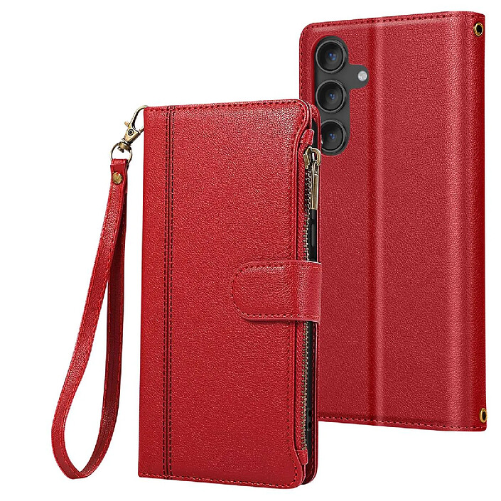 Avizar Étui Portefeuille pour Galaxy S25 / S24 Zippé avec Bandoulière Détachable Rouge pas cher
