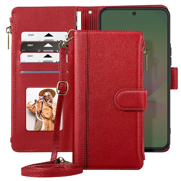 Avis Avizar Étui Portefeuille pour Galaxy A56 à Zip avec Bandoulière Amovible Rouge
