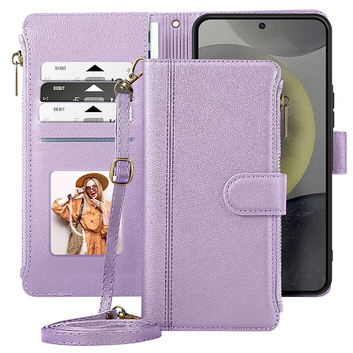 Acheter Avizar Étui Portefeuille pour Galaxy S25 / S24 à Zip avec Bandoulière Détachable Lavande