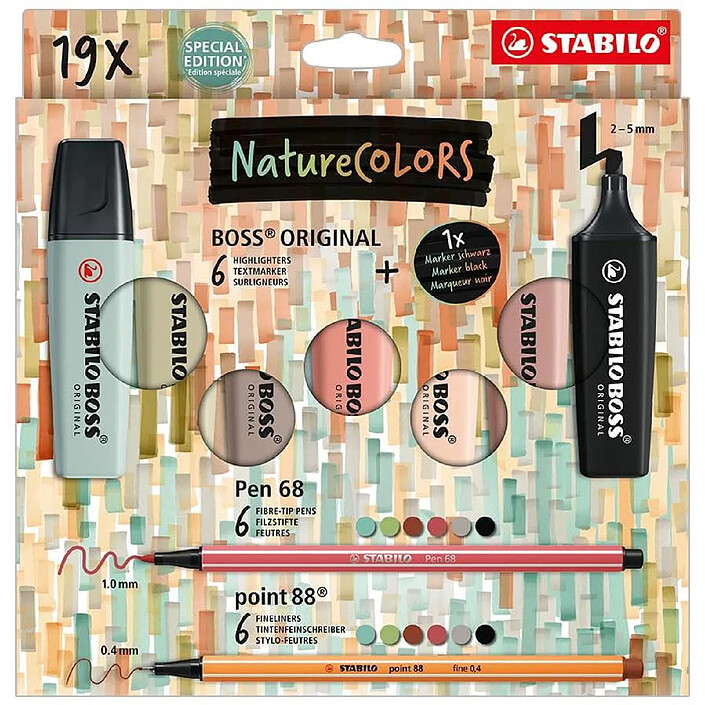 STABILO Coffret NatureCOLORS 19 pièces 6 Surligneurs BOSS ORIGINAL + 6 Feutres Pen 68 + 6 Feutres point 88 + 1 marqueur noir
