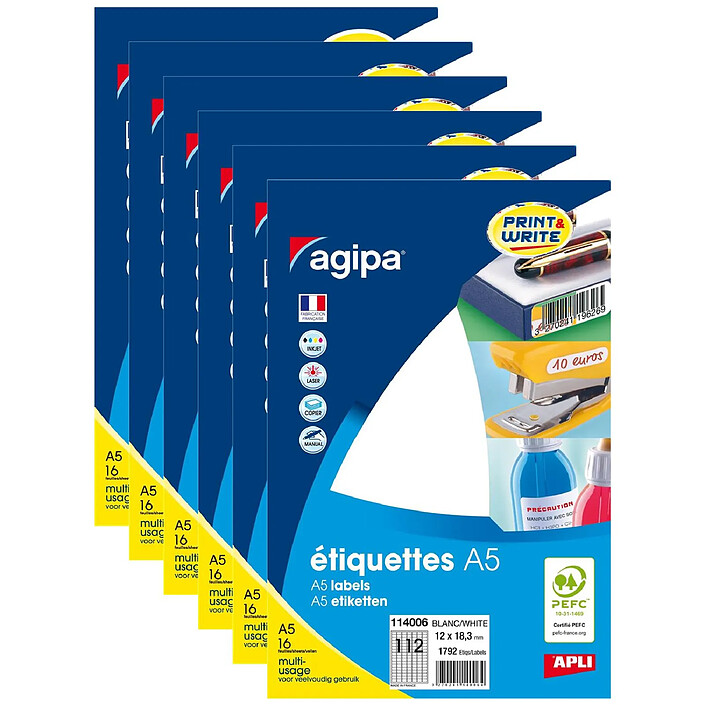 AGIPA Etui A5 ( 16F ) de 1792 étiquettes multi-usage Permanentes 12x18,3 mm Blanc x 6