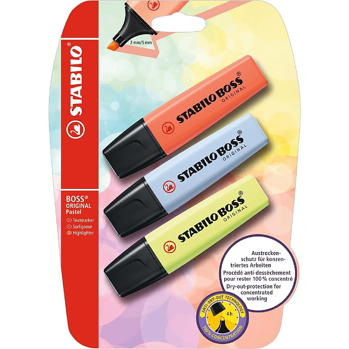 STABILO Pack de 3 surligneurs BOSS ORIGINAL Pastel citron vert bleu corail x 10