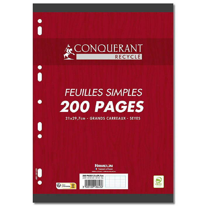 CONQUÉRANT Feuilles simples perforées recyclées sous film A4 200P 90G grands carreaux
