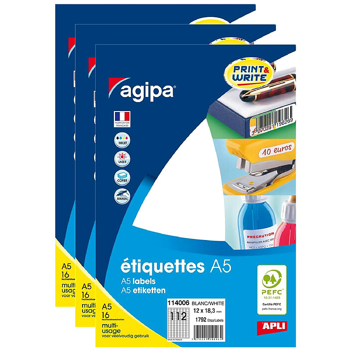 AGIPA Etui A5 ( 16F ) de 1792 étiquettes multi-usage Permanentes 12x18,3 mm Blanc x 3