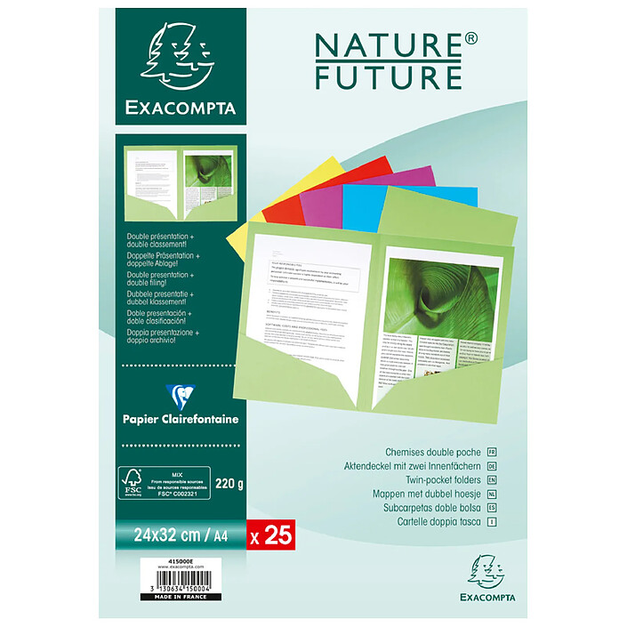 EXACOMPTA Pack de 25 Chemises Double poche ROCK'S 220g A4 Assorties x 10