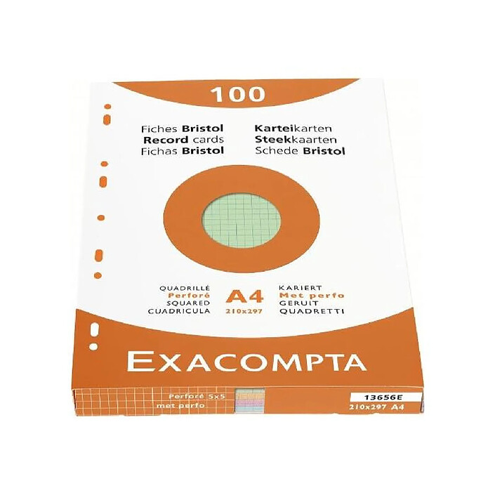 EXACOMPTA Étui de 100 fiches bristol quadrillé 5x5 perforé 210x297mm Couleurs assorties x 10