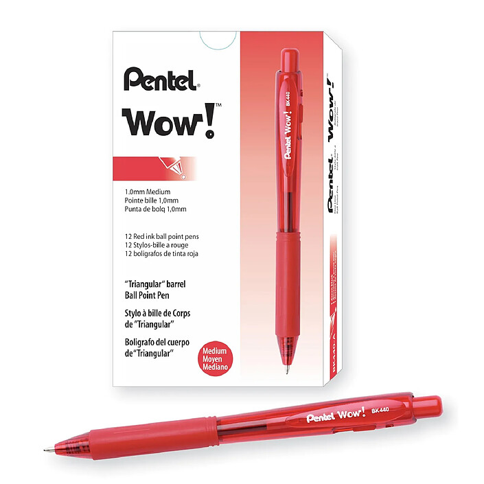 PENTEL Stylo à bille rétractable WOW BK440 Pointe Moyenne 1/0,5 mm Rouge x 12