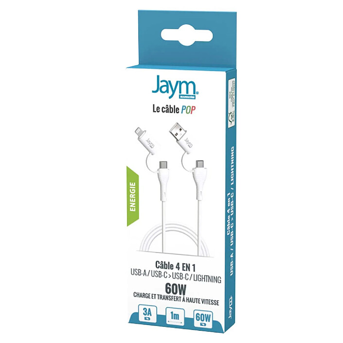 Avis Jaym Câble de Charge 3A et Synchro 4-en-1 USB / USB-C / Lightning PD 60W Blanc
