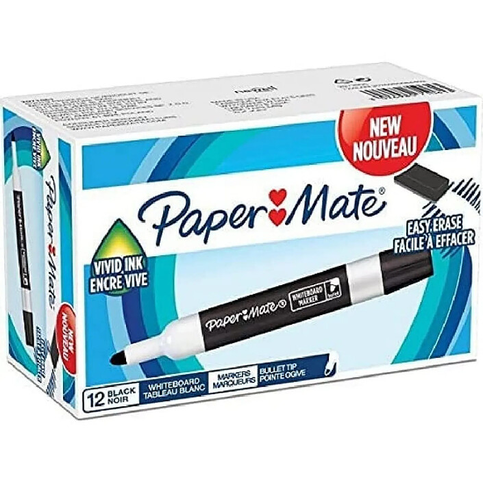 PAPER MATE Marqueur tableau blanc, pointe ogive, noir x 12