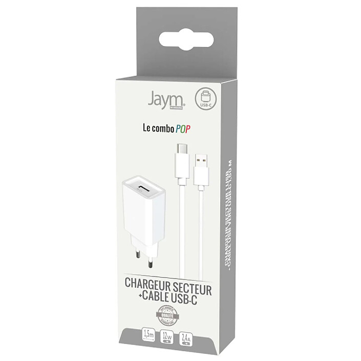 Jaym Pack de Charge Chargeur Secteur USB-A 2.4A avec Câble USB-A vers USB-C 1.5m Blanc pas cher