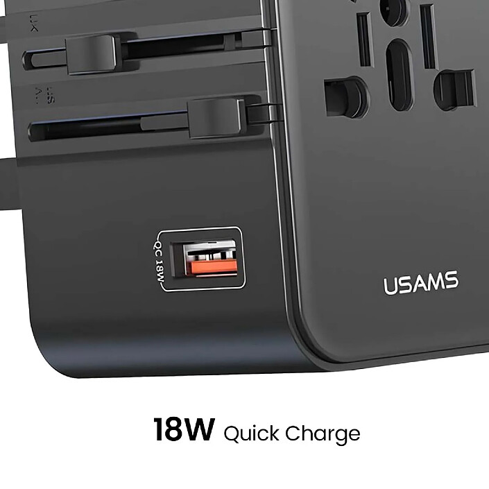 Avis Usams Chargeur Secteur 2 USB-A / USB-C 25W Compatible AU / UK / US / EU / CHINE Noir