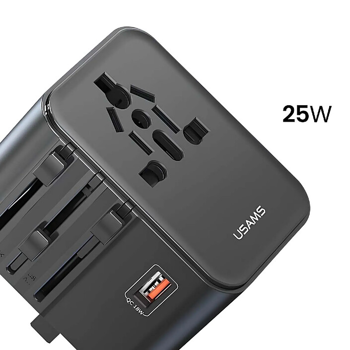 Usams Chargeur Secteur 2 USB-A / USB-C 25W Compatible AU / UK / US / EU / CHINE Noir pas cher