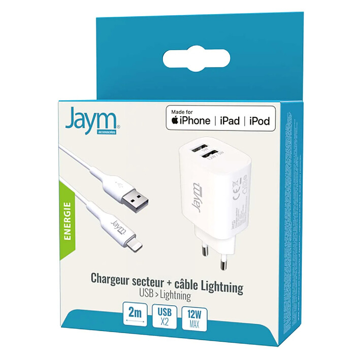 Jaym Pack Chargeur Secteur 2 USB-A 2.4A 12W avec Câble USB-A vers Lightning 2m Blanc pas cher