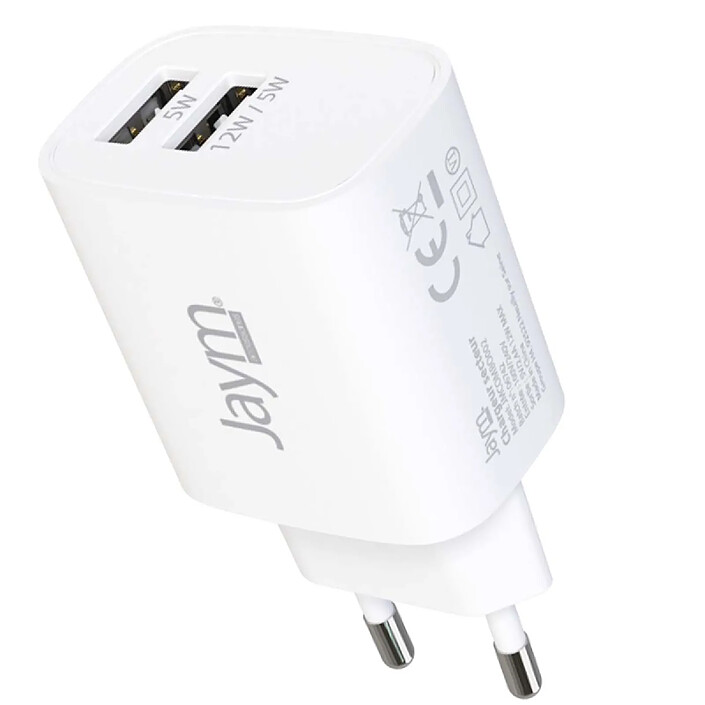 Avis Jaym Pack Chargeur Secteur 2 USB-A 2.4A 12W avec Câble USB-A vers Lightning 2m Blanc