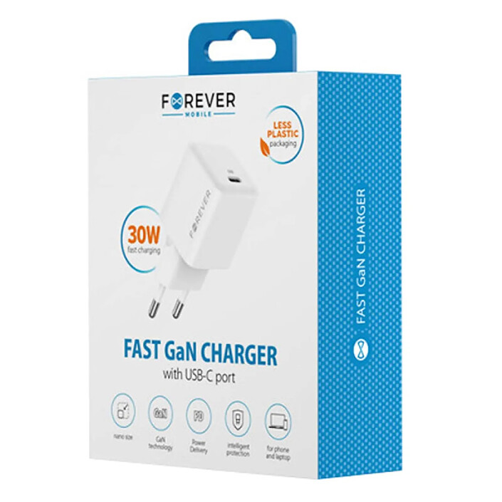 Forever Chargeur Secteur Rapide USB-C 30W Power Delivery GaN Blanc pas cher