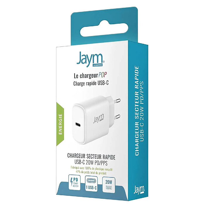 Jaym Chargeur Secteur Rapide USB-C 20W 3A Power Delivery et PPS Blanc pas cher