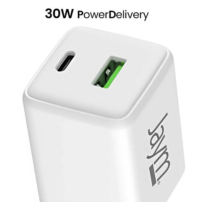 Avis Jaym Chargeur Secteur USB-C Power Delivery 30W / USB-A QuickCharge 18W GaN Compact Blanc