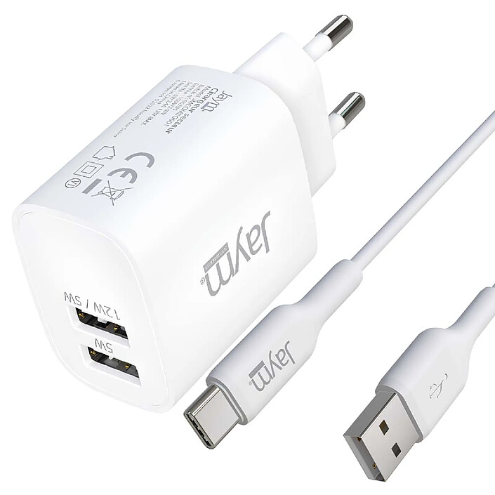 Jaym Pack Chargeur Secteur 2 USB-A 2.4A 12W avec Câble USB-A vers USB-C 2m Blanc