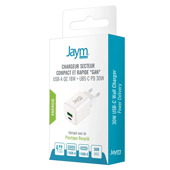 Acheter Jaym Chargeur Secteur USB-C Power Delivery 30W / USB-A QuickCharge 18W GaN Compact Blanc