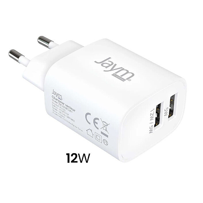 Acheter Jaym Pack Chargeur Secteur 2 USB-A 2.4A 12W avec Câble USB-A vers USB-C 2m Blanc