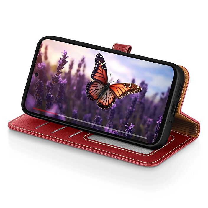 Avis Avizar Étui Portefeuille pour Redmi 15 5G Texture Litchi avec Blocage RFID Rouge