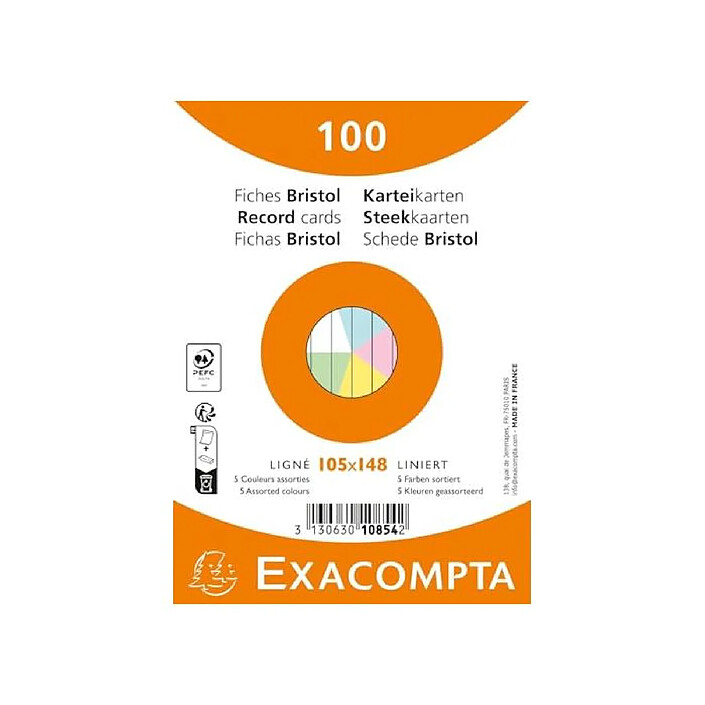 EXACOMPTA Fiches bristol, A6, ligné, assorti
