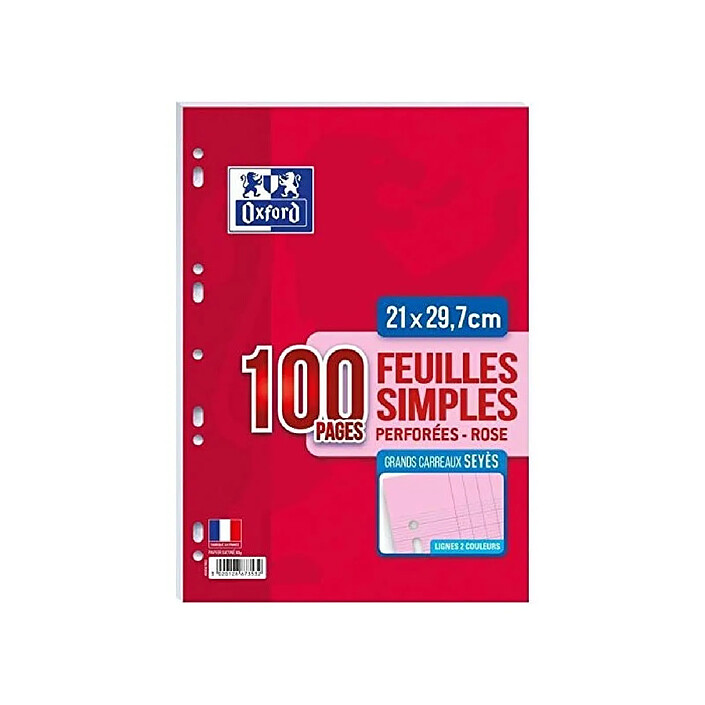 OXFORD Feuillets mobiles en couleur, A4, Seyès, rose