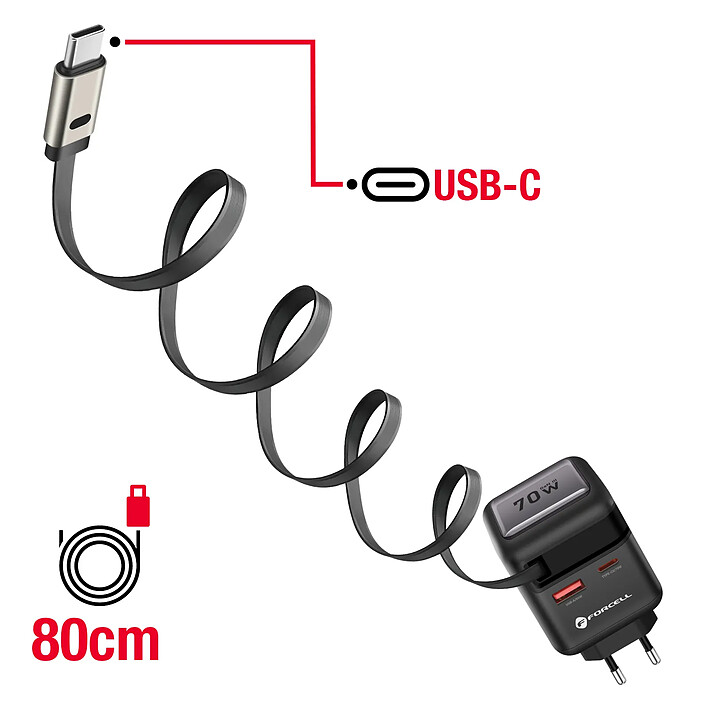 Forcell Chargeur Smartphone et Tablette 70W GaN III USB-C avec Câble Rétractable Compact Noir pas cher