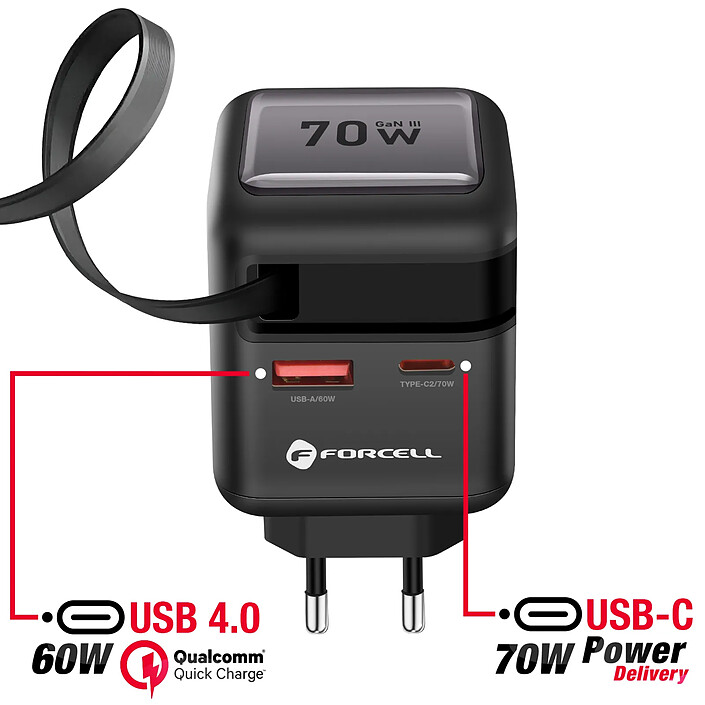 Avis Forcell Chargeur Smartphone et Tablette 70W GaN III USB-C avec Câble Rétractable Compact Noir