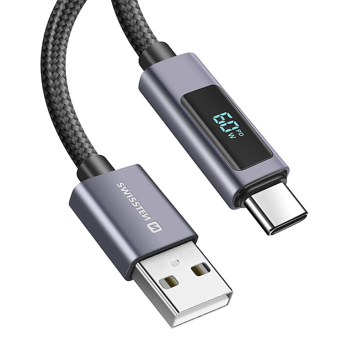Swissten Câble 3A Charge et Synchro USB vers USB-C 60W 1m avec Écran Led Noir