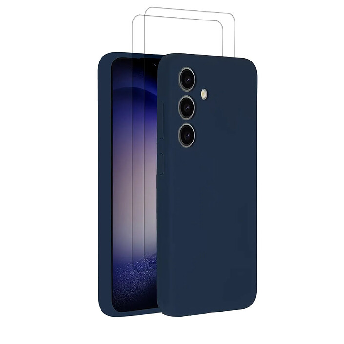 Evetane Coque Samsung Galaxy S24 Silicone liquide Bleu Marine + 2 Vitres en Verre trempé Protection écran Antichocs