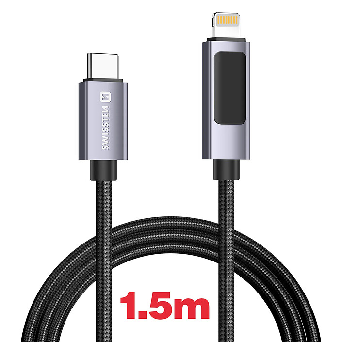 Acheter Swissten Câble 3A Lightning vers USB-C 30W 1.5m avec Écran Led Afficheur de Puissance Noir