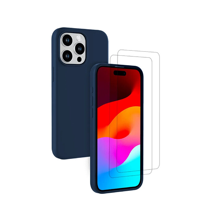 Evetane Coque iPhone 15 Pro Silicone liquide Bleu Marine + 2 Vitres en Verre trempé Protection écran Antichocs
