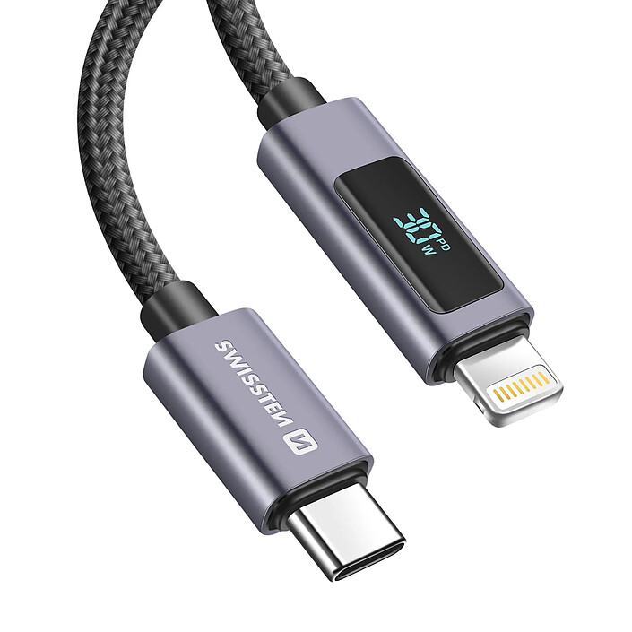 Swissten Câble 3A Lightning vers USB-C 30W 1.5m avec Écran Led Afficheur de Puissance Noir