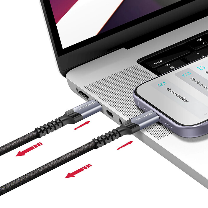 Avis Swissten Câble 5A 2-en-1 USB-C Charge et Synchro 100W 1,5m Noir