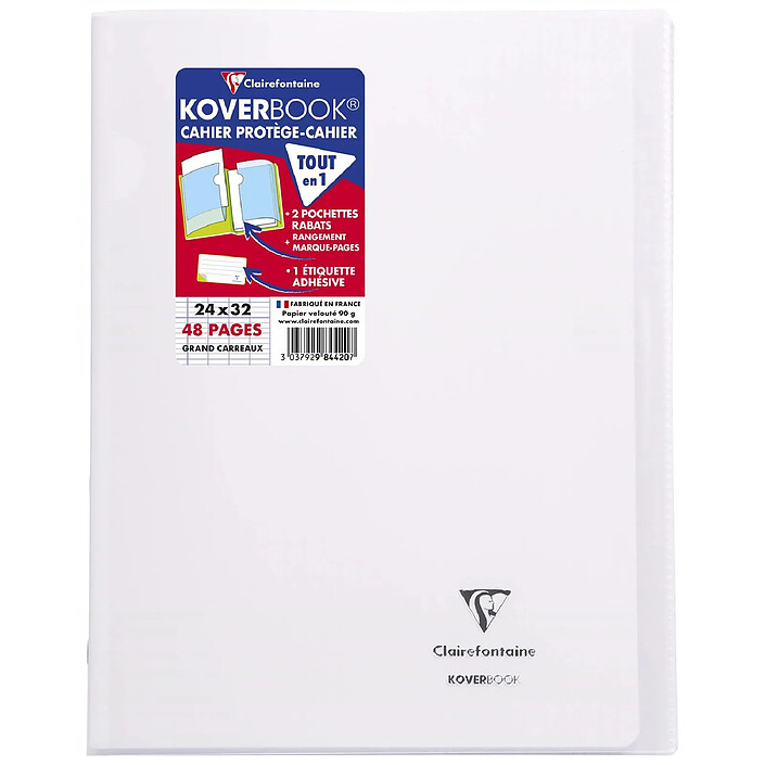 CLAIREFONTAINE Koverbook cahier piqué 24x32cm 48 pages grands carreaux Incolore