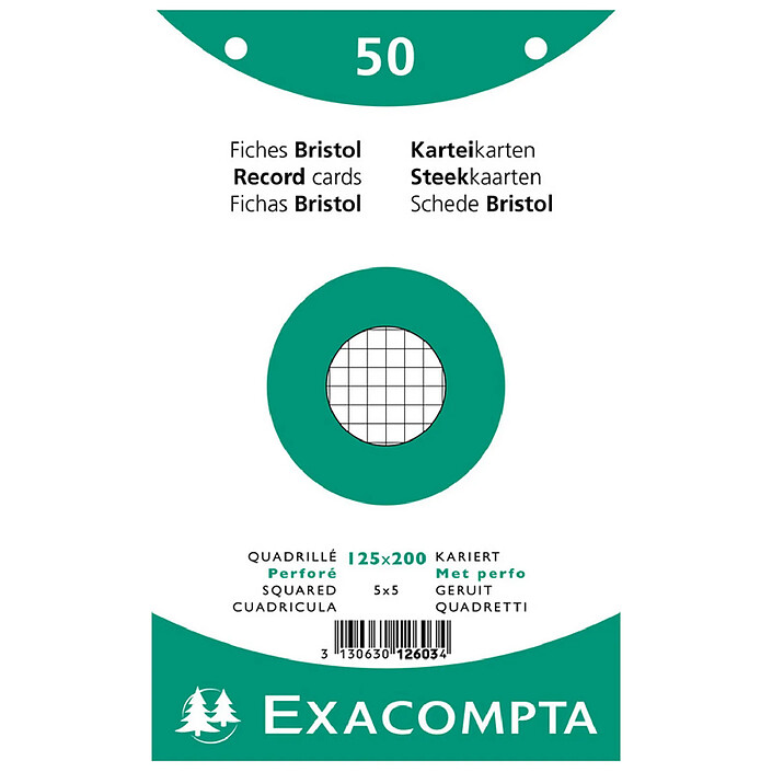 EXACOMPTA Paquet 50 fiches bristol blanc quadrillé 5x5 perforé 125x200mm x 24