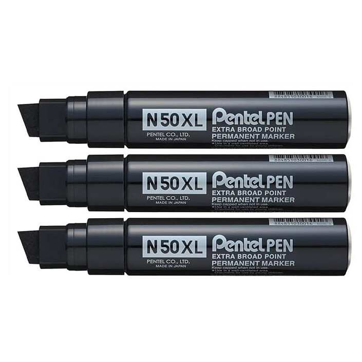 PENTEL Marqueur permanent N50XL Corps Aluminium Pointe biseautée 17 mm Noir x 3