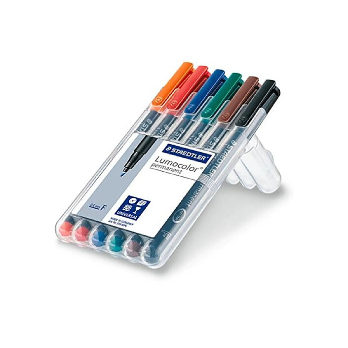 STAEDTLER Etui Chevalet 6 Feutres Permanents Lumocolor 318F Pointe Fine Assortis