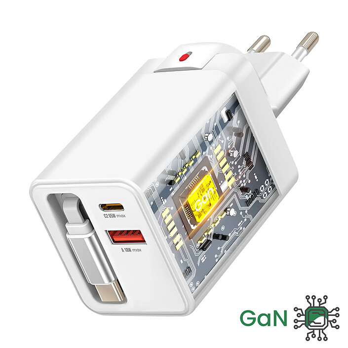 Acheter 4smarts Chargeur de Voyage 3-en 1 GaN 65W avec Cable Intégré Double Port USB-C et USB Blanc