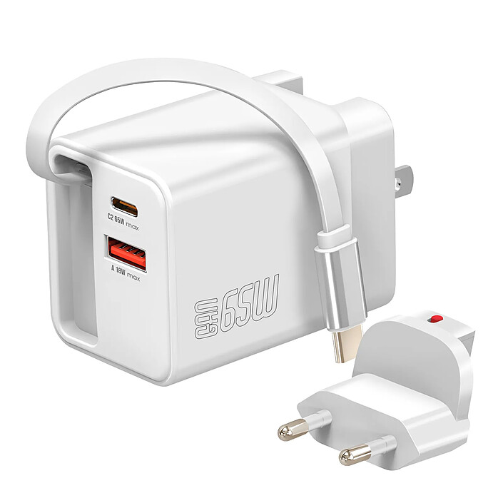 4smarts Chargeur de Voyage 3-en 1 GaN 65W avec Cable Intégré Double Port USB-C et USB Blanc