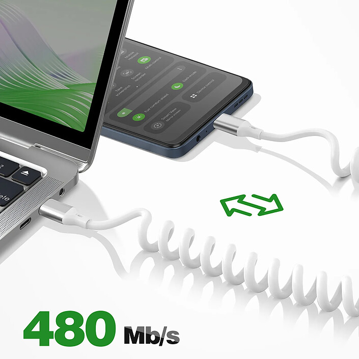 Avis 4smarts Câble USB-C vers USB-C 240W 480 Mb/s Spiralé Rétractable 12 à 50cm Blanc