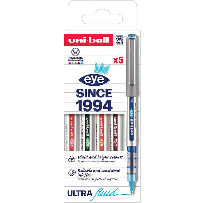 UNI-BALL Etui de 5 Rollers encre liquide EYE UB157E Pointe Moyenne Assorti Fun
