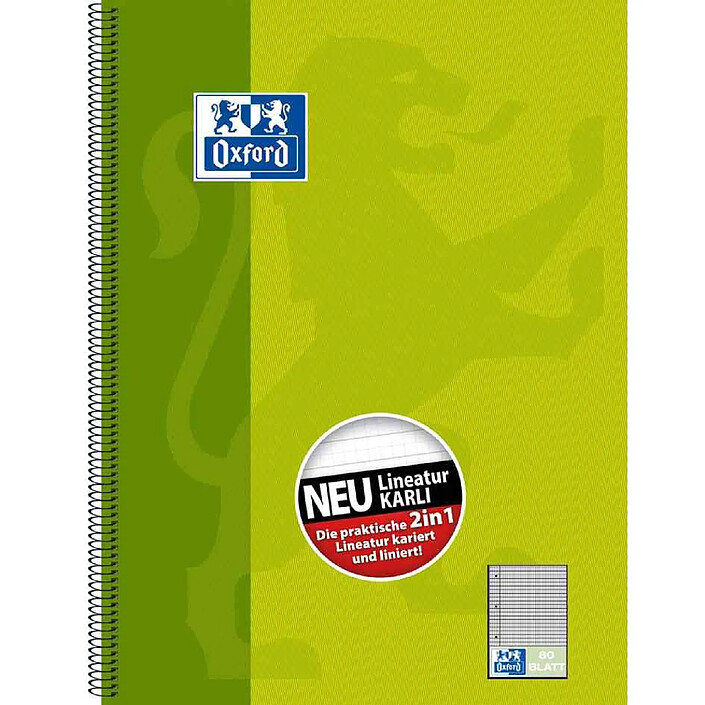 OXFORD Cahier à spirale 'KarLi' format A4+ 160 pages 90g Quadrillé et ligné Vert