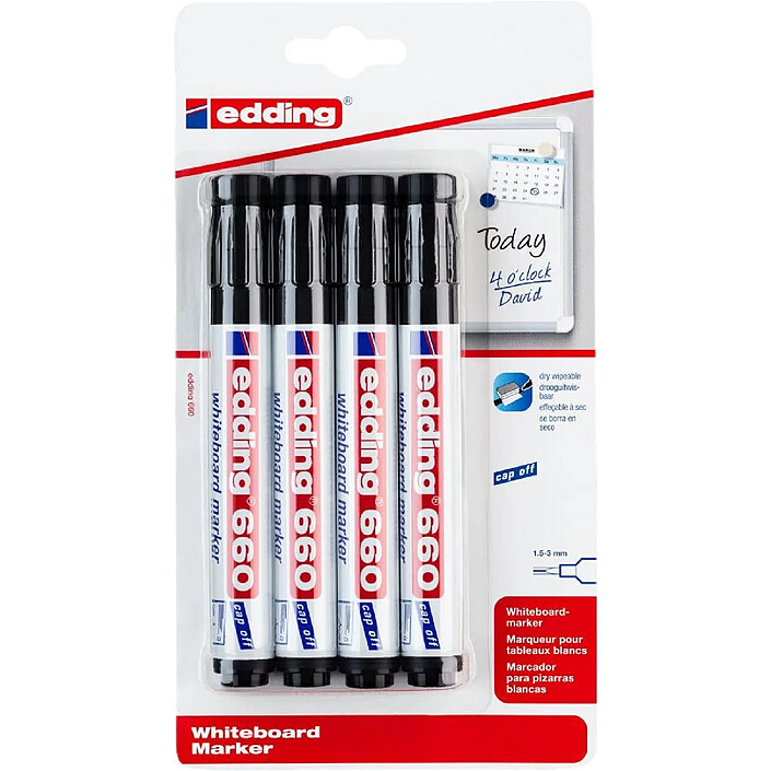 EDDING Blister de 4 marqueurs pour tableaux blancs - pointe ronde 1,5-3 mm Noir