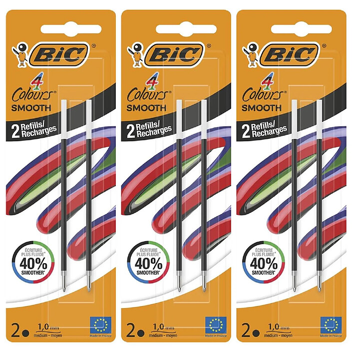 BIC Pack 2 Recharges pour Stylo-bille 4 Colours Smooth S Noir x 3
