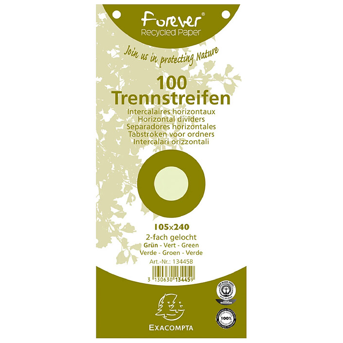 EXACOMPTA Paquet de 100 Fiches Intercalaire 105x240 Recyclées 2 trous Vert x 12