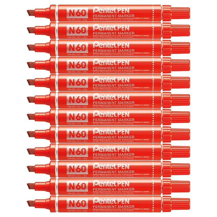 PENTEL Marqueur permanent N60, pointe biseautée, rouge x 12