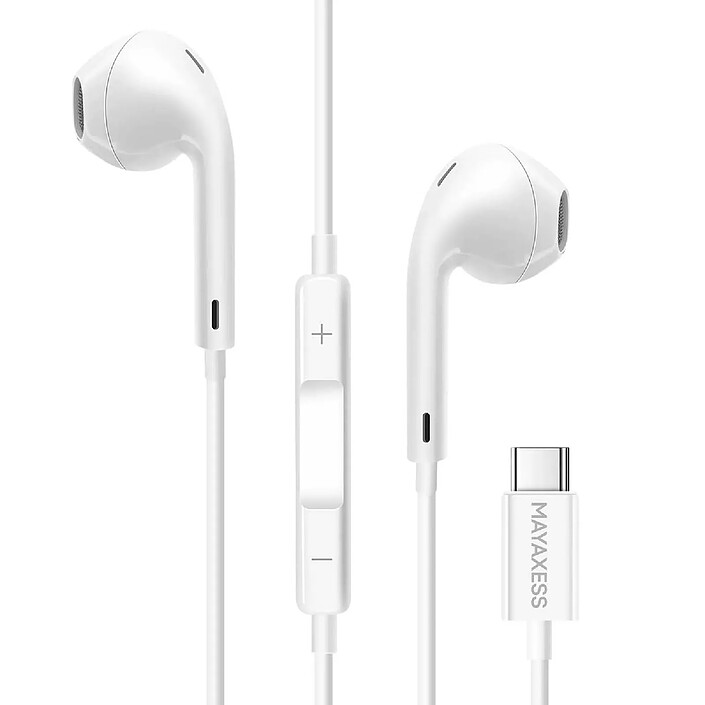Mayaxess Écouteurs Filaires USB-C avec Micro intégré pour iPhone 17 / 17 Pro / 17 Pro Max / 17 Air Blanc