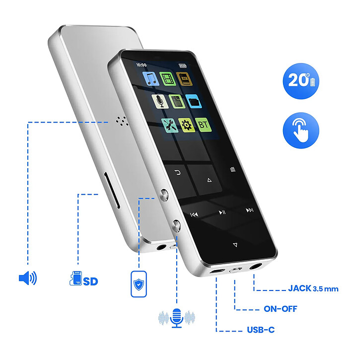 Avizar Lecteur MP3 Tactile Musique et Vidéo avec Bluetooth Autonomie 20h Argent pas cher